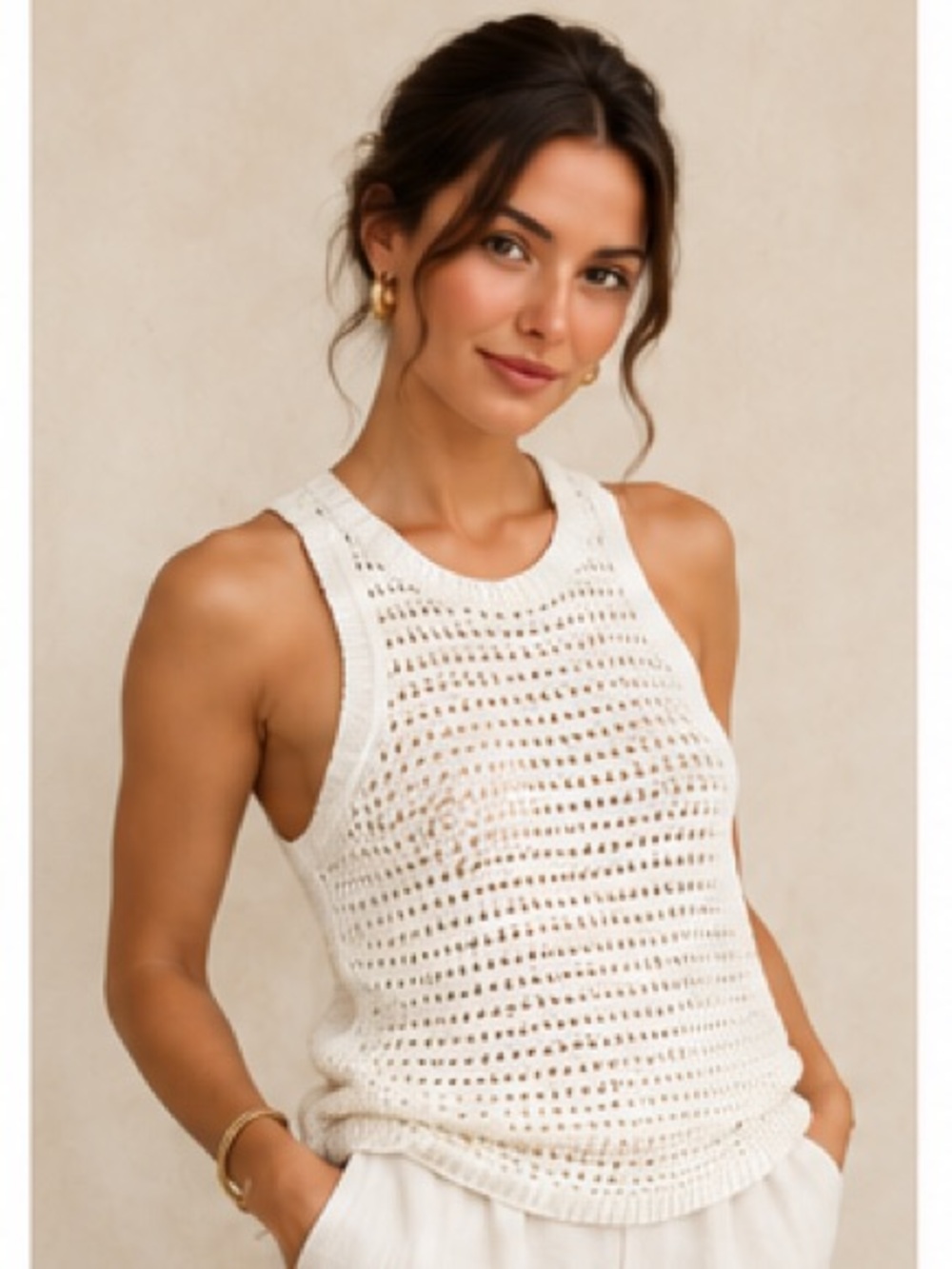 Madewell Coastal Preppy Ivory Open-Knit Crewneck Racerback Sleeveless Top XXS